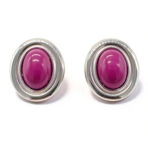 Monet Pink Cabochon Silver-Tone Oval Clip-On Earrings Vintage Jewelry